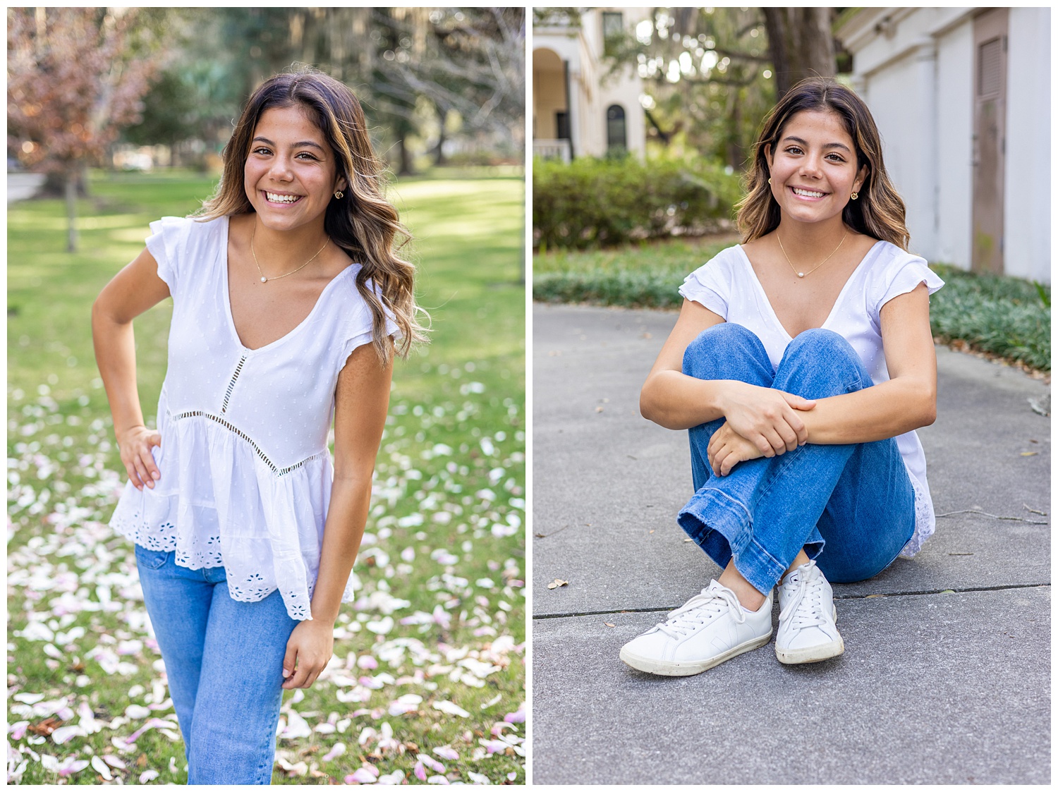 Side-by-side portraits of a smiling high school senior wearing a white blouse and blue jeans. In one image she stands in a grassy park with flower petals scattered on the ground, and in the other she sits on a paved walkway with greenery and light-colored buildings in the background.