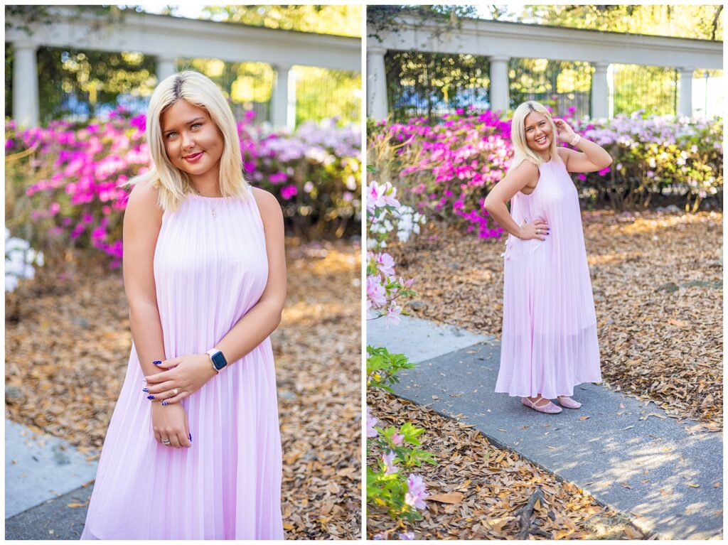 Two senior best friends hugging in front of blooming azalea bushes at Forsyth Park during a spring senior session in Savannah.
Two high school seniors walking down a sunlit sidewalk lined with greenery and historic homes in downtown Savannah, Georgia.