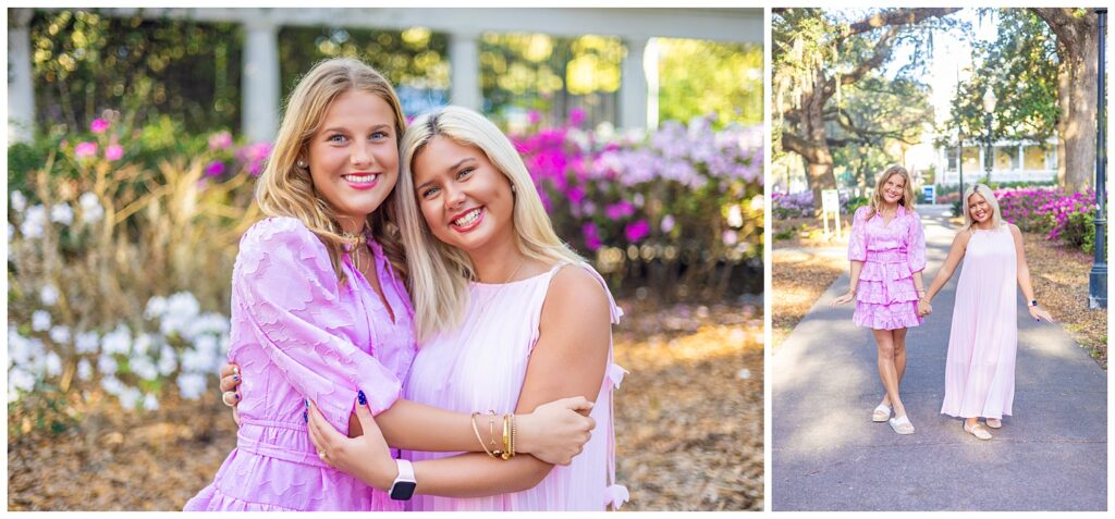Senior girl in a light pink flowing dress posing in front of blooming azalea bushes and white columns at Forsyth Park in Savannah, GA.