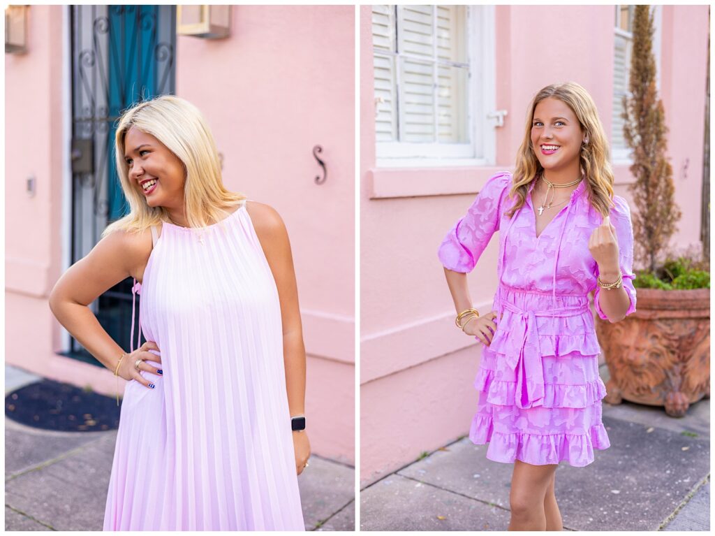 Two high school senior girls posing individually against a soft pink wall in downtown Savannah, GA, wearing light pink and vibrant pink outfits during a stylish spring senior photo session.