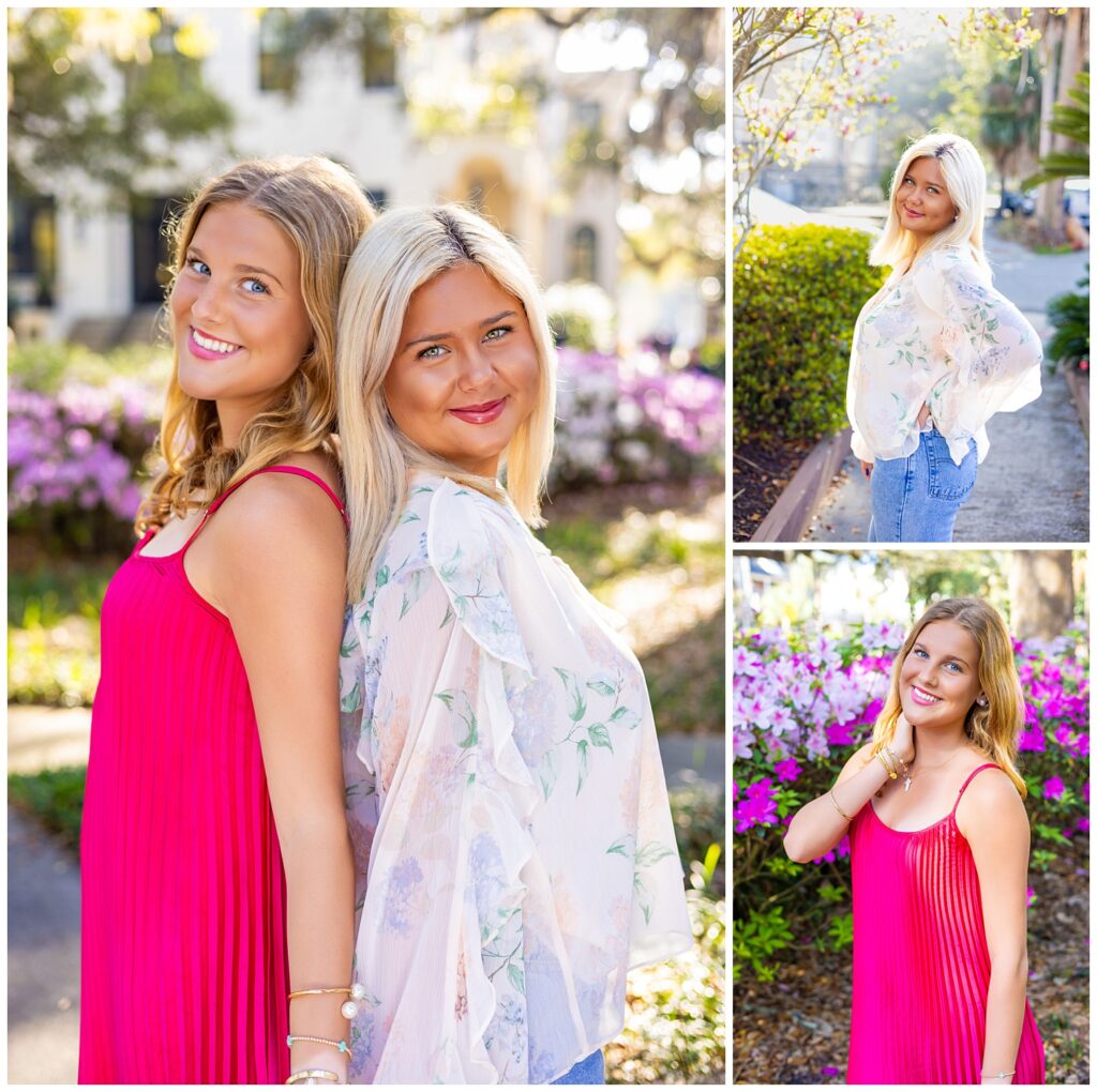 Two high school senior best friends posing together and individually in vibrant pink and soft floral outfits, smiling among blooming azalea bushes during a spring senior photo session in Savannah, GA.