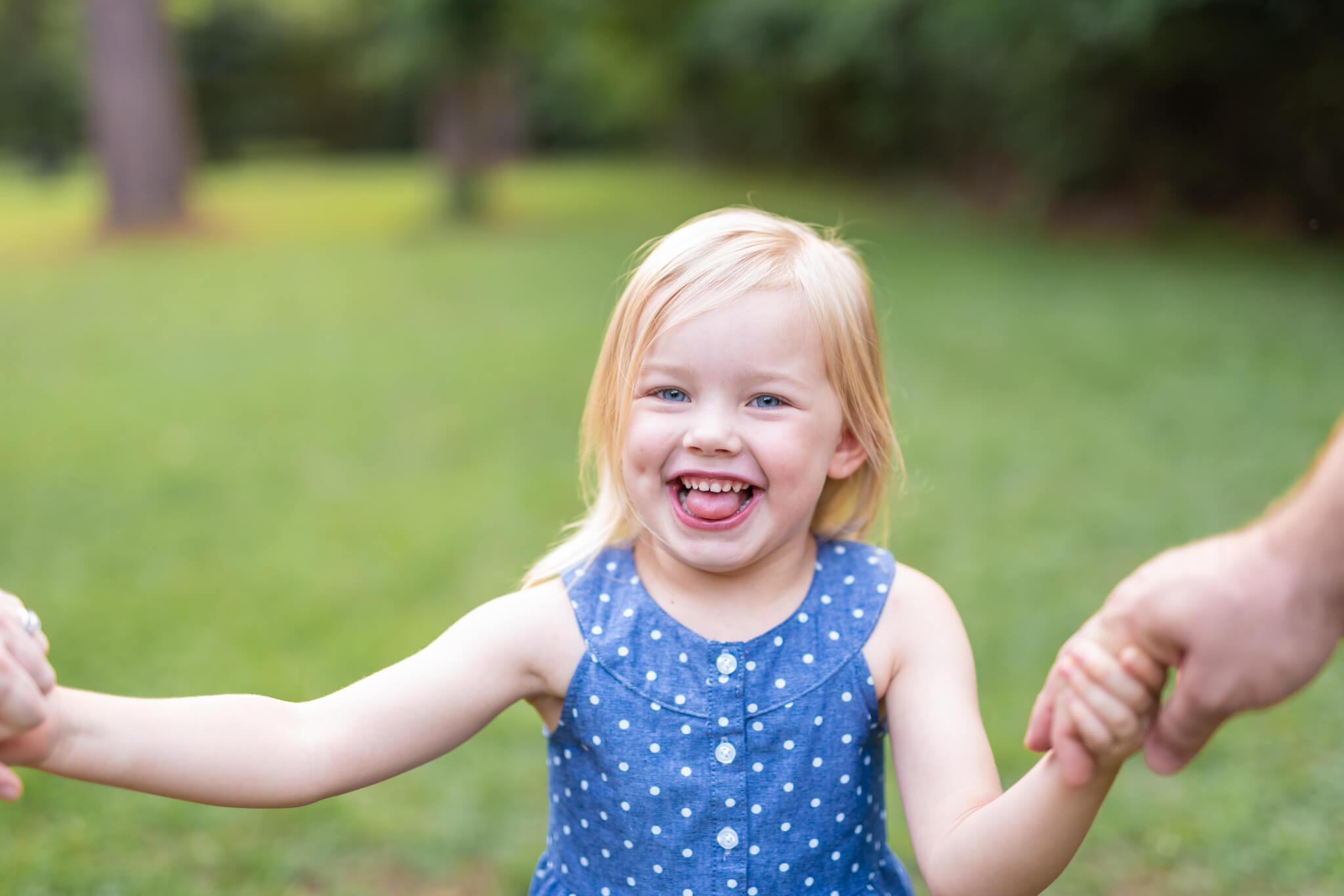 A toddler girl sticks her tongue out while giggling in a blue dress holding mom and dad's hands in a park